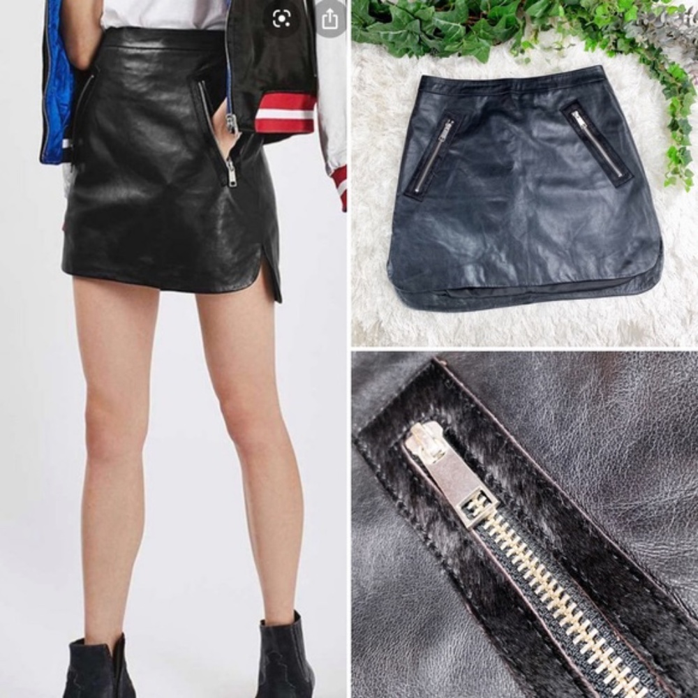 NEW TOPSHOP Black REAL LEATHER Mini Skirt Zippers Pony Hair